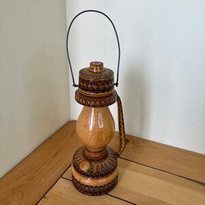 Turned Wood Lantern Decorative Ornament Hand Made with Wire Hanger